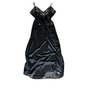 Lorraine Vintage Black Satin Slip Dress Large Lace Trim Nightgown Lingerie
